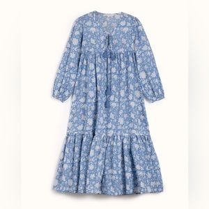 Ophelia and Indigo Evie Dress Blue Dahlia Block Print